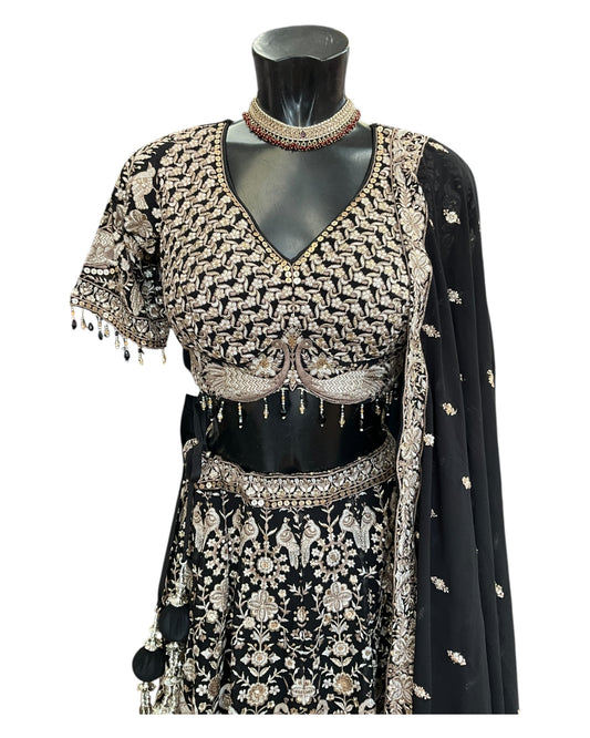 Rich Heavy Black Lehenga set with full Embroidery - Size 14 (40") - UK Stock - 24h Dispatch - KTC250616 RV