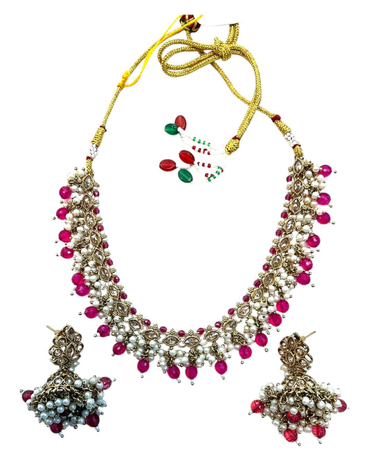 Magenta Pink - Medium Size Antique Gold Finish Necklace Set with Earrings - RAK415 08A25