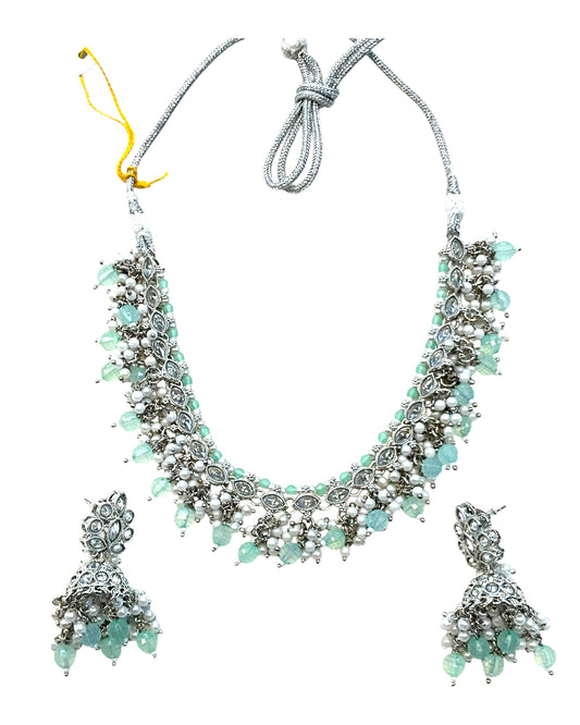 Sea Green - Medium Size Silver Finish Necklace Set with Earrings - RAK415 08A25