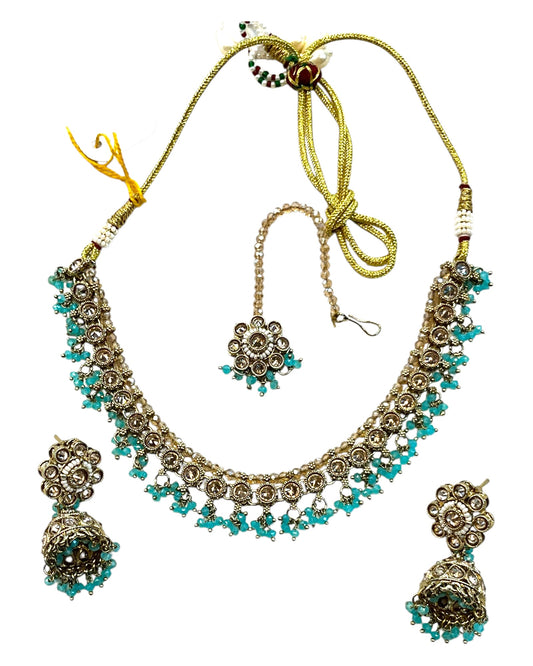 Light Blue - Medium Size Antique Gold Finish Necklace Set with Earrings & Head Piece - RAK417 08R25