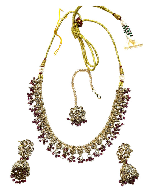 Magenta Dark Pink - Medium Size Antique Gold Finish Necklace Set with Earrings & Head Piece - RAK417 08R25