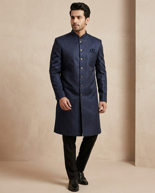Royal Navy Blue - Classic Banarasi Handloom Brocade Sherwani with quality Buttons - BS788 08JC25