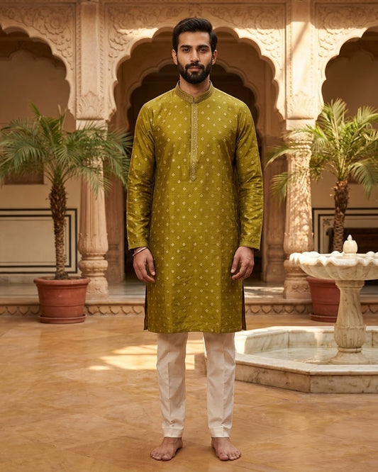 Henna Mehndi Green - Banarasi Handloom Brocade Mens Indian Kurta set with Trousers - UK Stock - Weddings / Walimas , Sangeet, Diwali, Eid, Mehndi / Henna - VEE3017 VK