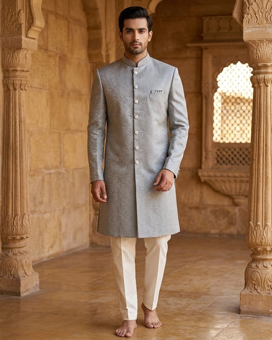 Silver / Light Grey - Classic Banarasi Handloom Brocade Sherwani with quality Buttons - BS788 08JC25