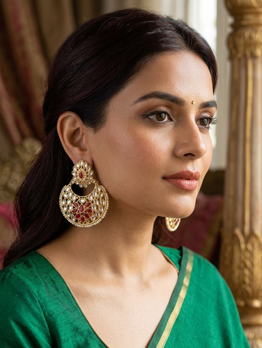 Ruby & Kundan Floral Crescent Chandbali Earrings - Bollywood - Weddings - 6ER34 09Tp26