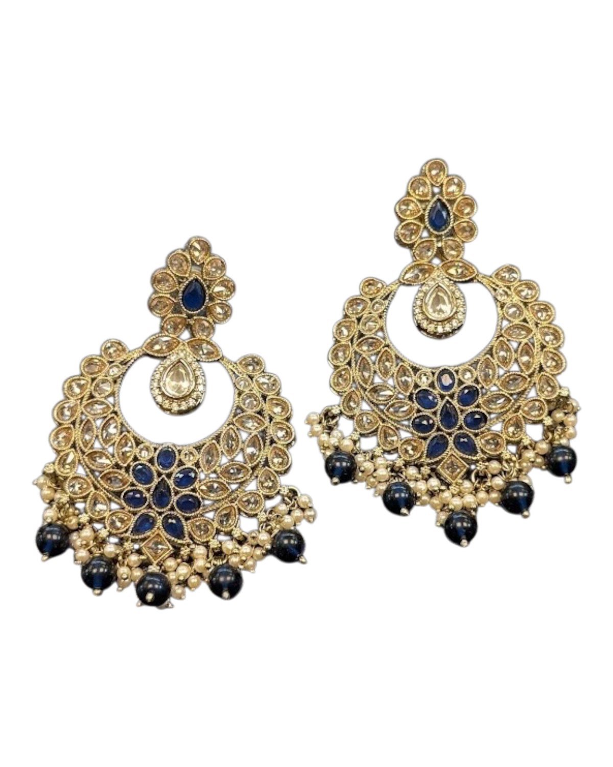 Regal Sapphire Navy Blue Floral Crescent Kundan Chandbali Earrings - Bollywood - Weddings - 6ER166 09A26