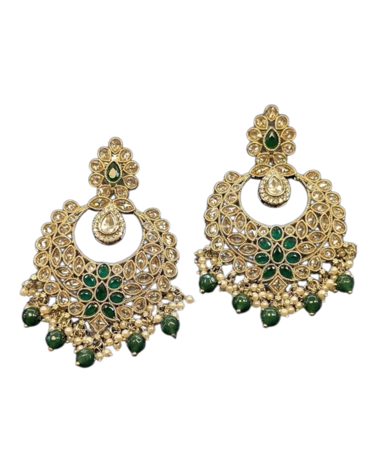 Regal Emerald Green Floral Crescent Kundan Chandbali Earrings - Bollywood - Weddings - 6ER166 09A26