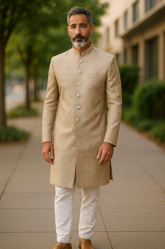 Beige / Gold - Classic Self Brocade Mens Sherwani with Quality Buttons - Smart Trousers - UK stock - 2/3 Days Delivery - YD2504 PY