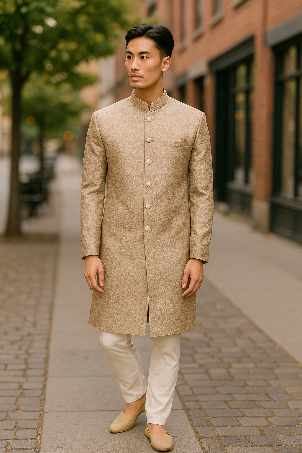 Beige / Gold - Classic Self Brocade Mens Sherwani with Quality Buttons - Smart Trousers - UK stock - 2/3 Days Delivery - YD2504 PY