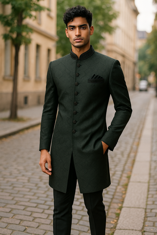 Bottle Green - Rich Banarasi Stone Work Sherwani with Black Embroidery - BS992 08RP25