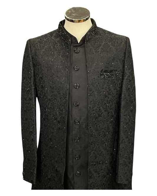 Size 40" - Black - Rich Banarasi Stone Work Double Layer Sherwani - UK Stock - BS1034 08KVY25