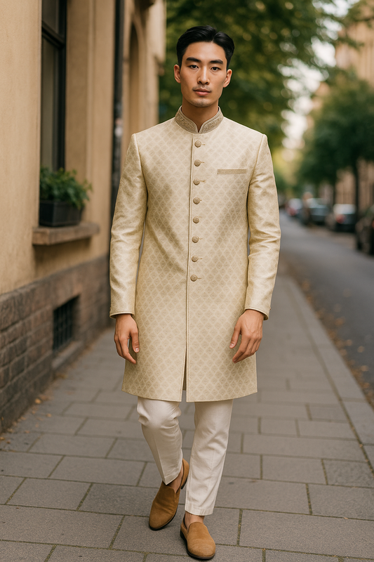 Light Gold - Hand Embroidered Banarasi Handloom Gold Brocade Sherwani with Gold Buttons - UK Stock - BS1028 08RC25