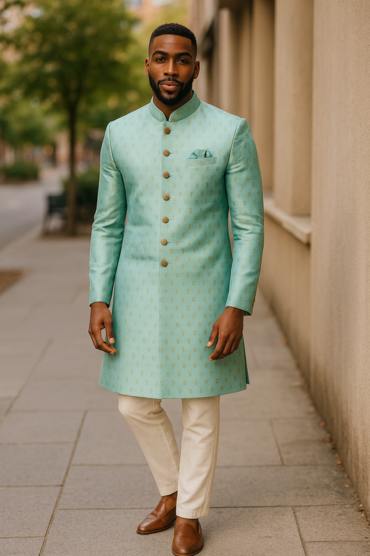 Sky / Light Blue - Classic Banarasi Handloom Brocade Sherwani with Gold Buttons - UK Stock - BS787 08JC25