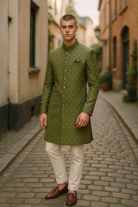 Mehndi Henna Green - Classic Banarasi Handloom Brocade Sherwani with Gold Buttons - BS787 JP 08JC25