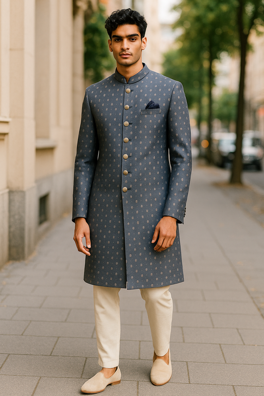 Grey - Classic Banarasi Handloom Brocade Sherwani with Gold Buttons - UK Stock - BS787 08JC25