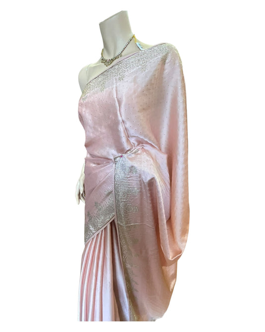 Baby Pink - Stone Work Satin Saree with Blouse Piece - UK stock - 24hr Dispatch - SP250423 VP