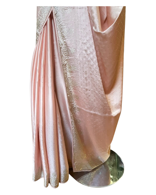 Baby Pink - Stone Work Satin Saree with Blouse Piece - UK stock - 24hr Dispatch - SP250423 VP