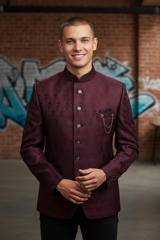 Bright Wine / Maroon - PREMIUM Slim Fit Mens Self Brocade BandhGala / Prince / Chinese Collar Jacket - Fantastic Fit - CS2501 08TA25