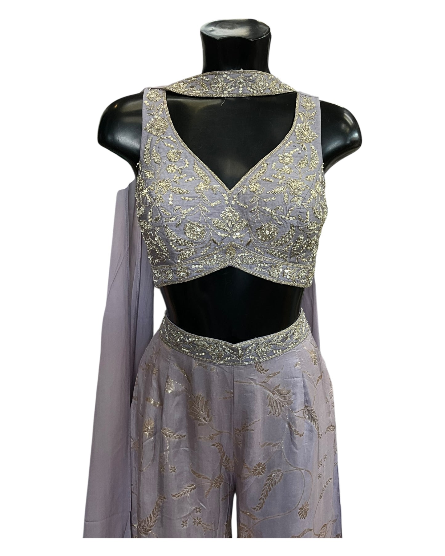 Pastel Lilac - Designer Ladies Short Top Palazzo Trousers Suit - Size 12 (38") - VMK Rohini RP