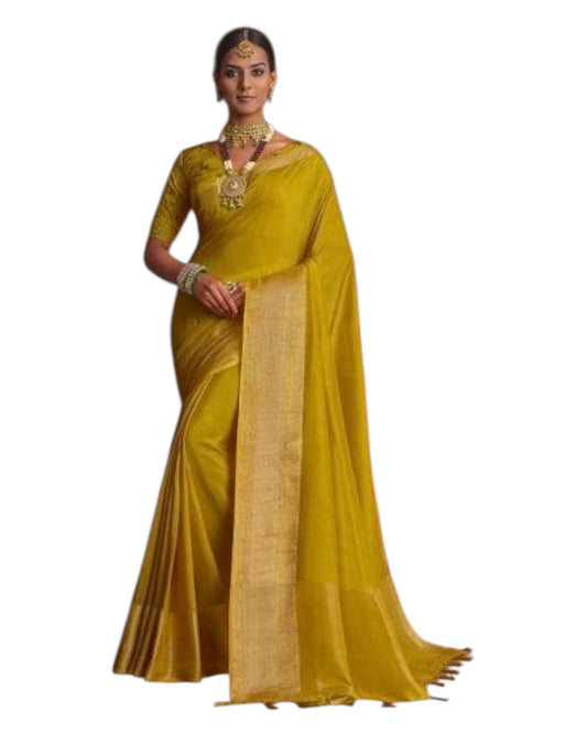 Haldi Yellow - Handloom - Banarasi Crepe Saree with Blouse Piece - JOHJAN47008 10VY25