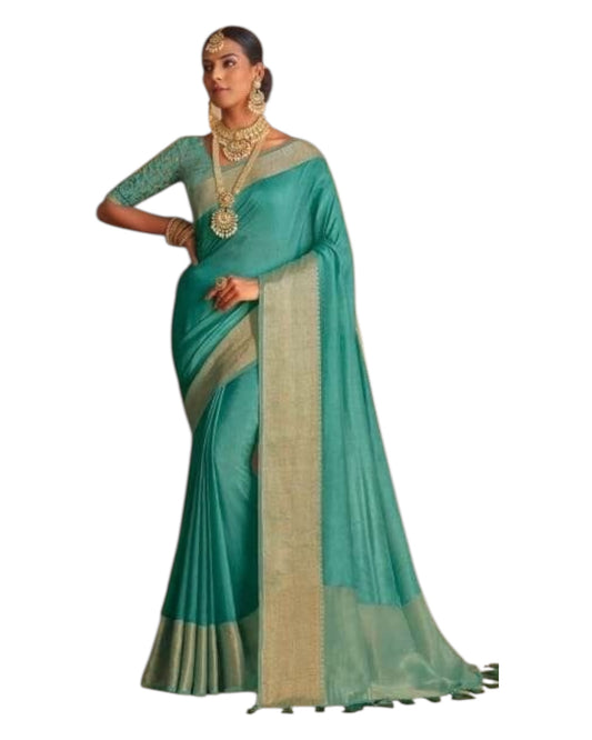 Turquoise - Handloom - Banarasi Crepe Saree with Blouse Piece - JOHJAN47004 10VY25