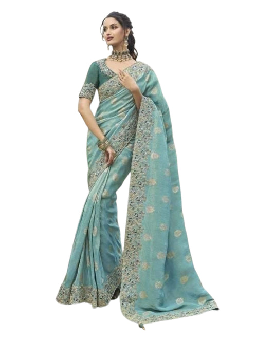 Light Blue / Turquoise - Handloom - Designer Embroidered Saree with Blouse Piece - SULBRI4006 PY 0425