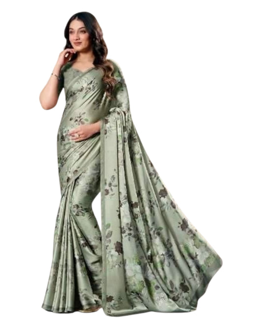 Light Green - Floral Printed - Satin Finish Saree with Blouse Piece - SUSFEL19001B 10KJ25