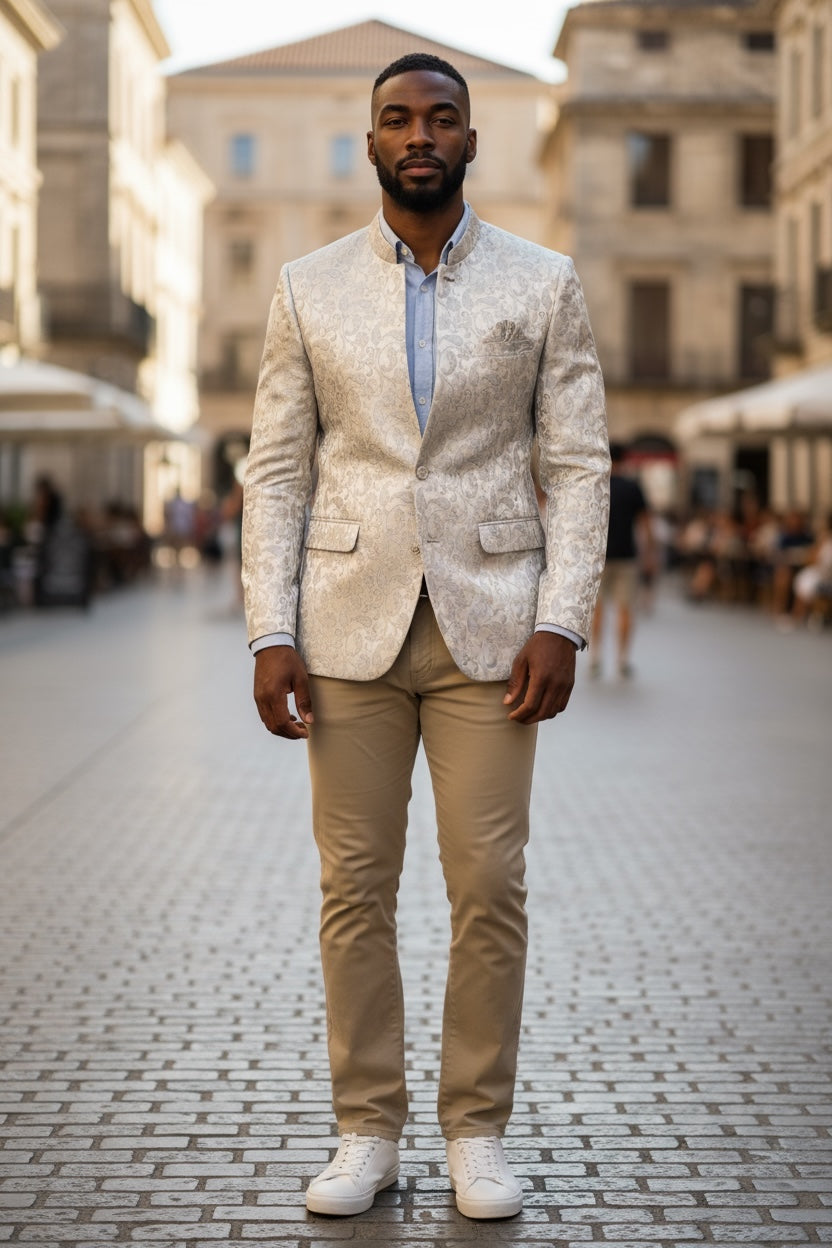 Cream - PREMIUM Slim Fit Mens Contrast Brocade BandhGala / Prince / Chinese Collar Jacket - Fantastic Fit - VNS-JOD7910/1 10VC25