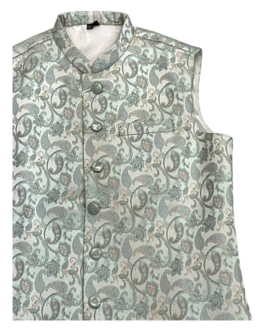 Pastel Green with Light Pink & Gold Thread Brocade - Premium Mens Waistcoat - VNS-JKT7910/2 10KJ25