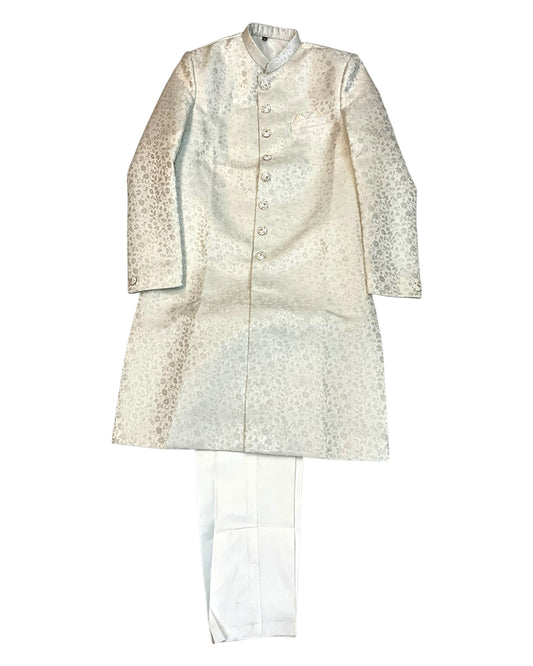 Off White /  Cream - Classic Self Brocade Sherwani with Fancy Buttons -  VNS-SHR16 10TA25