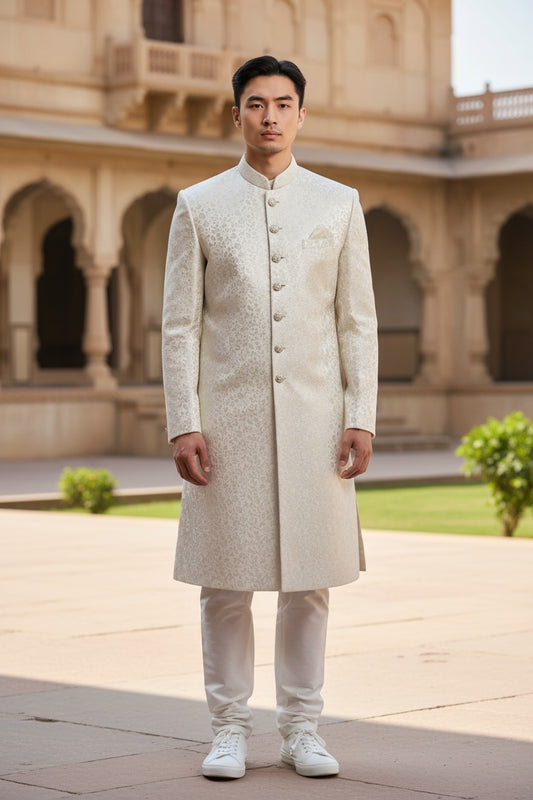 Off White /  Cream - Classic Self Brocade Sherwani with Fancy Buttons -  VNS-SHR16 10TA25