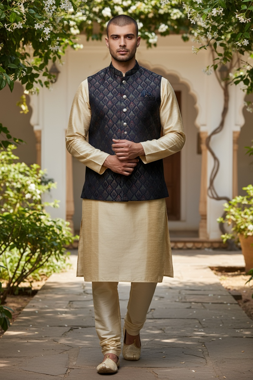 Navy Blue with Contrast Thread Brocade - Premium Mens Waistcoat - VNS-JKT15 10KJ25