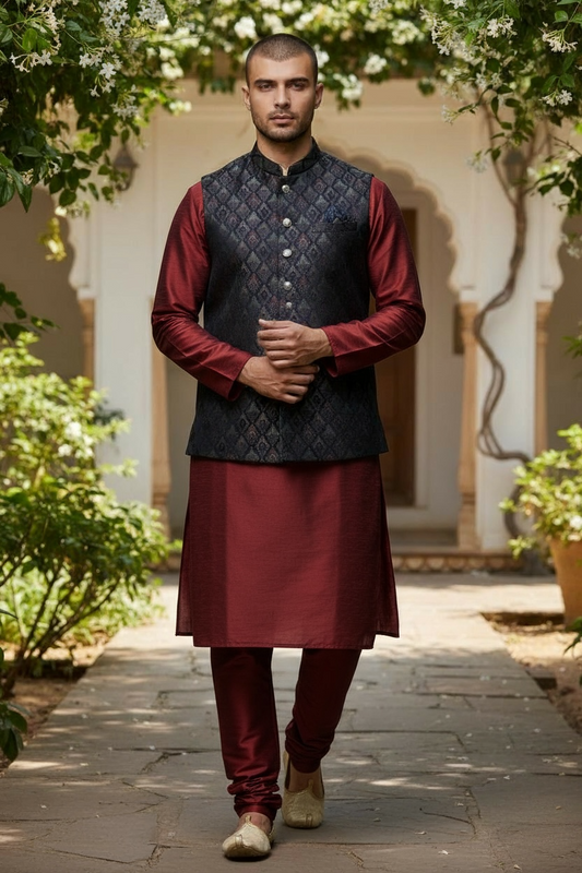 Navy Blue with Contrast Thread Brocade - Premium Mens Waistcoat - VNS-JKT15 10KJ25