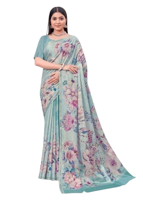 Sky Light Blue - Silky Floral Printed Saree with Blouse Piece - RCH40114 10KV25