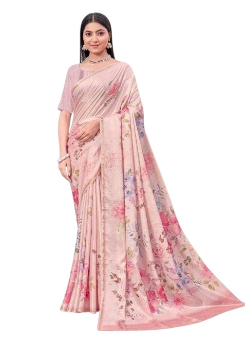 Pink - Silky Floral Printed Saree with Blouse Piece - 10KV25 RCH40118