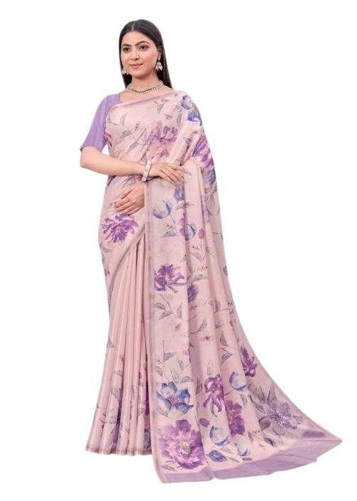 Lilac Purple - Silky Floral Printed Saree with Blouse Piece - 10KV25 RCH40116