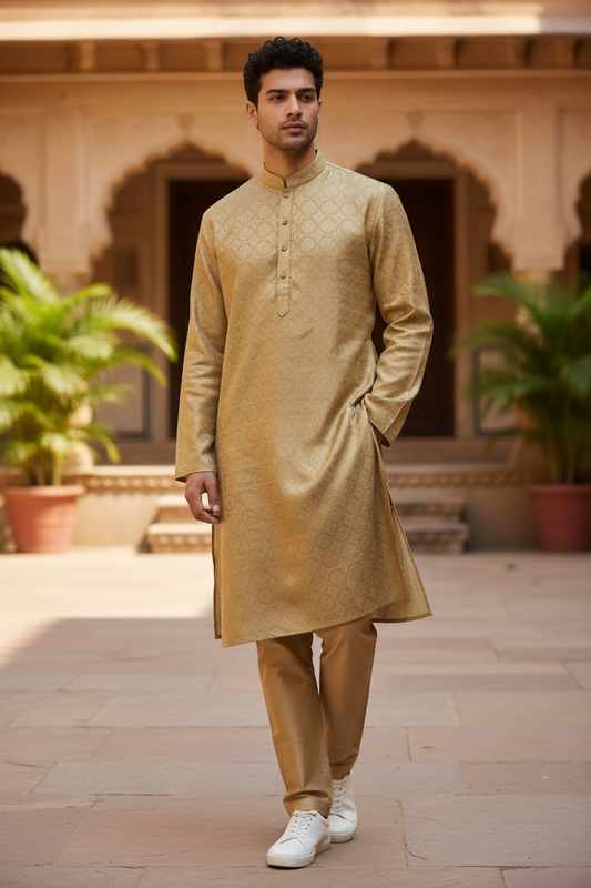 Gold - Rich Brocade Mens Indian Kurta set - UK Stock - Weddings / Walimas , Sangeet, Diwali, Eid, Mehndi / Henna - NAD25721 KA