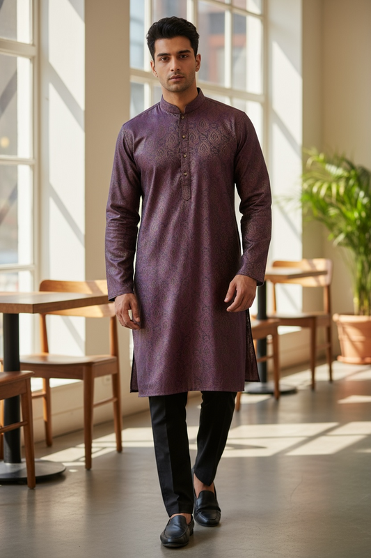 Dark Purple - Handloom Brocade Mens Indian Kurta set - UK Stock - Weddings / Walimas , Sangeet, Diwali, Eid, Mehndi / Henna - NAD25707 KA