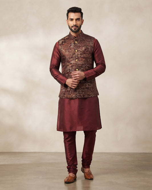 Maroon / Wine - Mens Indian Kurta set with Brocade Waistcoat - UK Stock - Weddings / Walimas , Sangeet, Diwali, Eid, Mehndi / Henna - JSS2601 11KT26