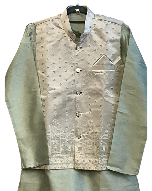 Pastel Mint Green - Mens Indian Kurta set with Brocade Waistcoat - UK Stock - Weddings / Walimas , Sangeet, Diwali, Eid, Mehndi / Henna - JSS2603 11KT26