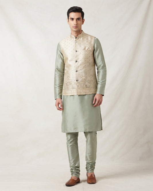 Pastel Mint Green - Mens Indian Kurta set with Brocade Waistcoat - UK Stock - Weddings / Walimas , Sangeet, Diwali, Eid, Mehndi / Henna - JSS2603 11KT26