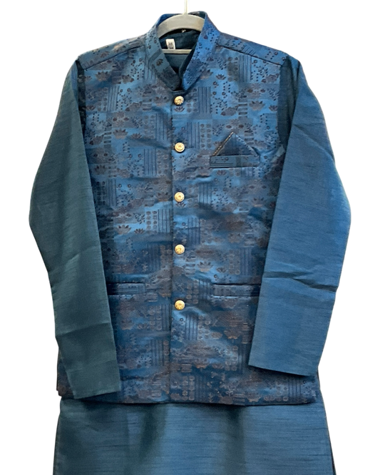 Petrol Blue - Mens Indian Kurta set with Brocade Waistcoat - UK Stock - Weddings / Walimas , Sangeet, Diwali, Eid, Mehndi / Henna - JSS2601 11KT26