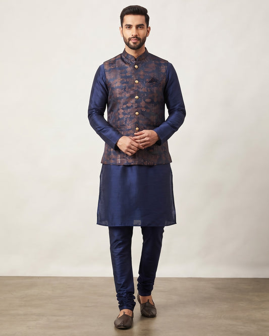 Navy Blue - Mens Indian Kurta set with Brocade Waistcoat - UK Stock - Weddings / Walimas , Sangeet, Diwali, Eid, Mehndi / Henna - JSS2601 11KT26