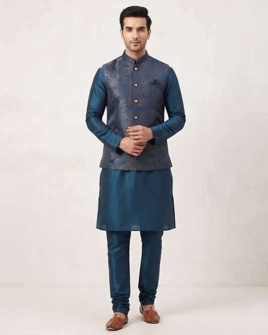 Petrol Blue - Mens Indian Kurta set with Brocade Waistcoat - UK Stock - Weddings / Walimas , Sangeet, Diwali, Eid, Mehndi / Henna - JSS2601 11KT26