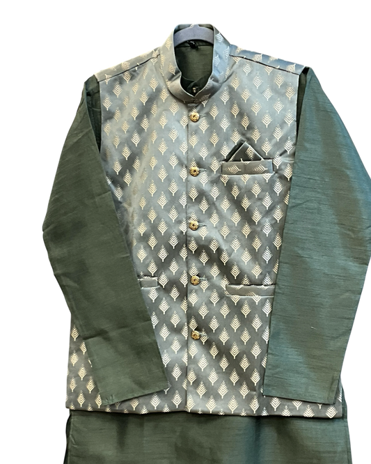 Dark Sea Green Green - Mens Indian Kurta set with Brocade Waistcoat - UK Stock - Weddings / Walimas , Sangeet, Diwali, Eid, Mehndi / Henna - JSS2604 11KT26