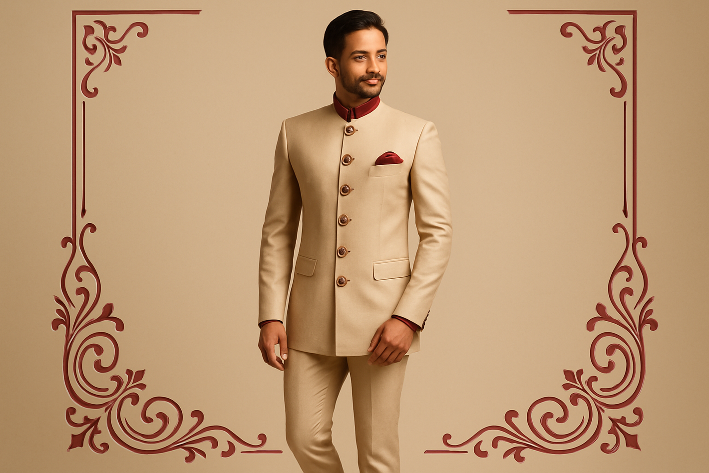 A sophisticated Indian man wearing a traditional Bandhgala suit (Jodhpuri style), tailored fit with high collar and structured shoulders. The outfit is in beige with maroon accents, featuring elegant buttons and subtle embroidery. Paired with slim churidar or trousers, creating a royal and classy ethnic look. Studio photoshoot with minimalist beige background and maroon details, fashion catalog style, full-body view, high resolution.