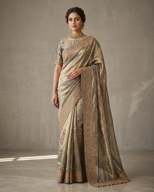 Antique Gold - Fancy Party Saree with Blouse Piece - UK stock - 24hr Dispatch - SP2608 VP - Prachy Creations