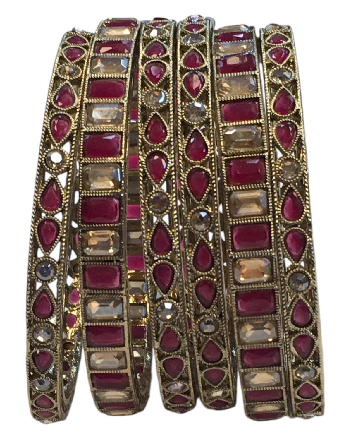 Antique Gold Finish FUCHSIA / MAGENTA Reverse Stone Bangles (Set of 6) - Mix N Match - SR219R - Prachy Creations
