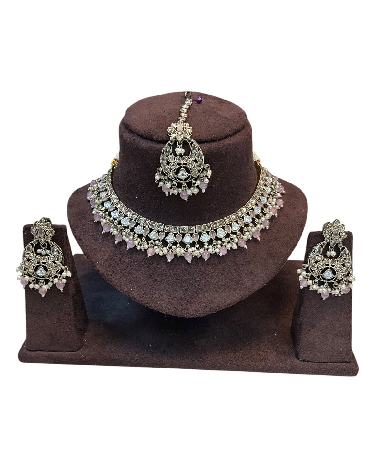 Baby Pink - Large Size Antique Gold Finish Necklace Set with Earrings & Tika Head Piece - GGA02 KA0525 - Prachy Creations