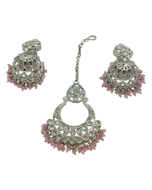 Baby Pink - Large Size Silver Finish Necklace Set with Earrings & Tika (Head Piece) - UK Stock - GGA17 08KK25 - Prachy Creations